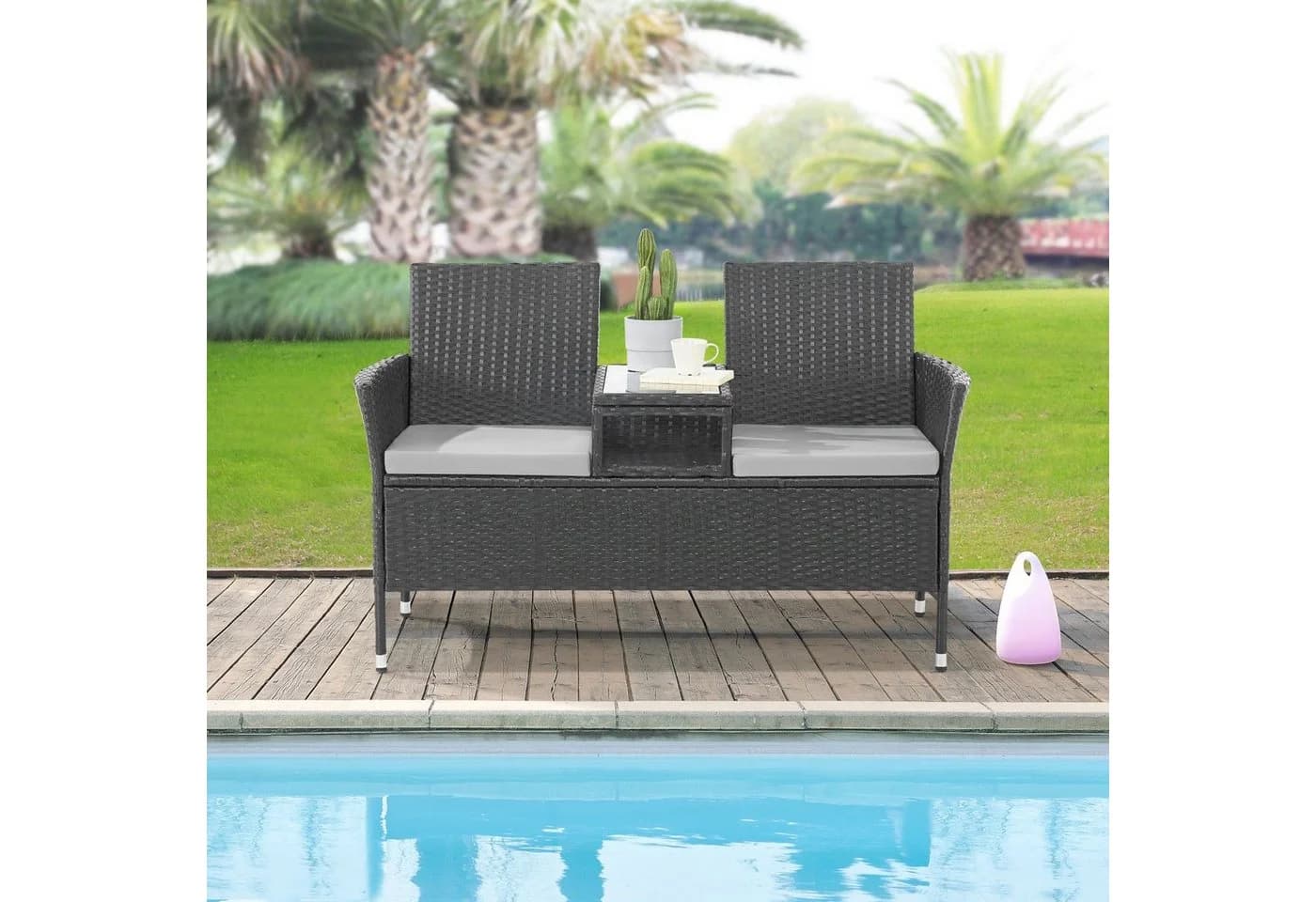 SVITA Gartenbank CHICAGO 2-Sitzer Polyrattan Schwarz mit Tisch