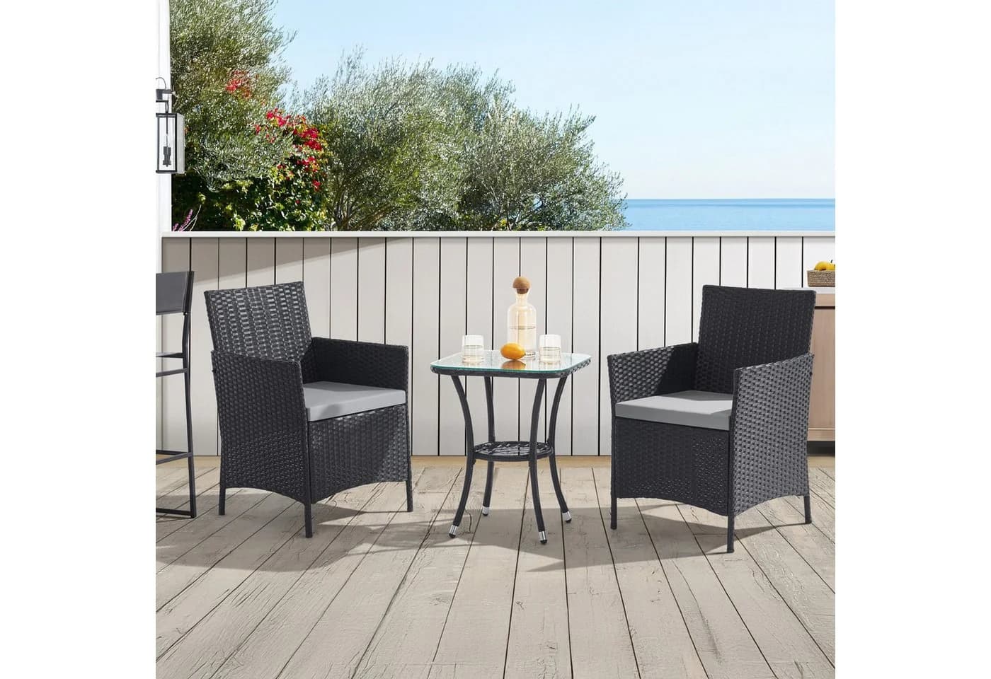 SVITA Balkonset BROOKLYN BISTRO 3-tlg. Schwarz Polyrattan mit Kissen