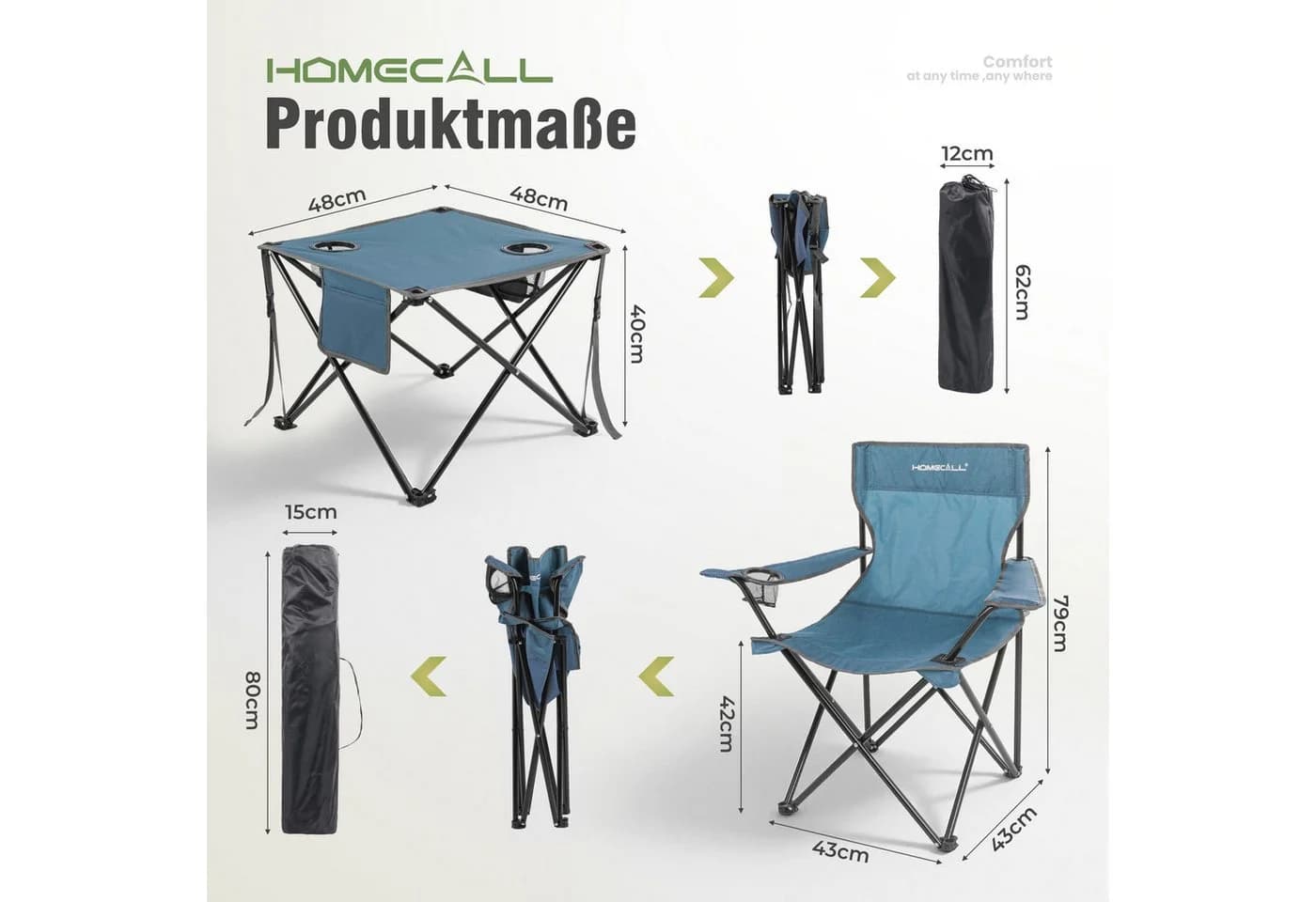 HOMECALL Campingstuhl und Tisch Set Blau Klappbar