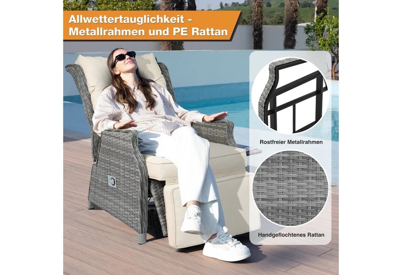 HOMECALL Rattansessel Gartensessel Verstellbar Liegestuhl Balkonliege