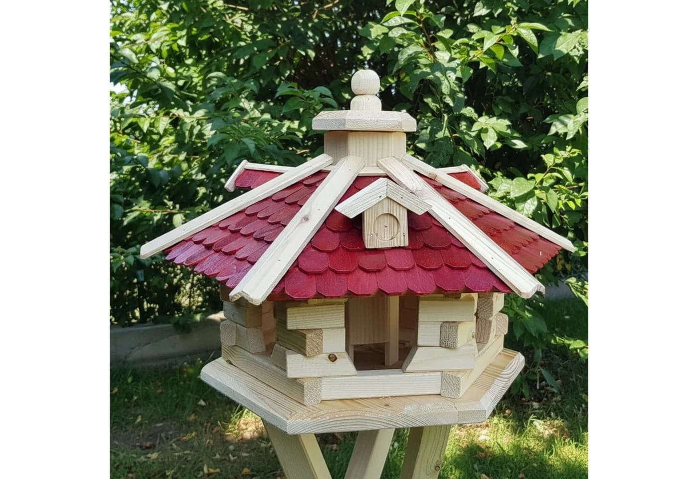 Holzdekoladen Vogelhaus aus Holz 6-seitig mit Futterdosierer