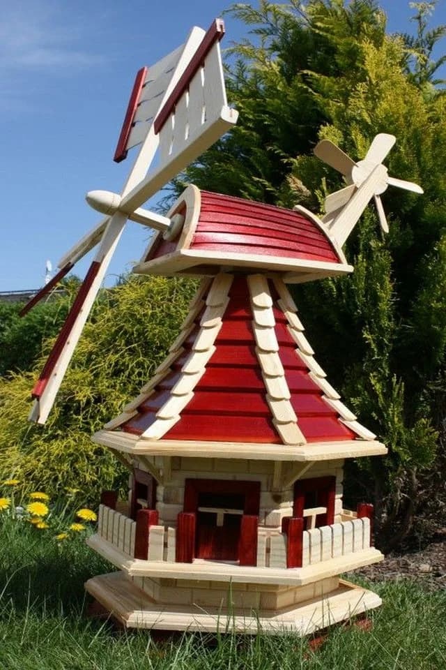 Holzdekoladen Gartenwindmühle Holz Weiß mit Solarlicht