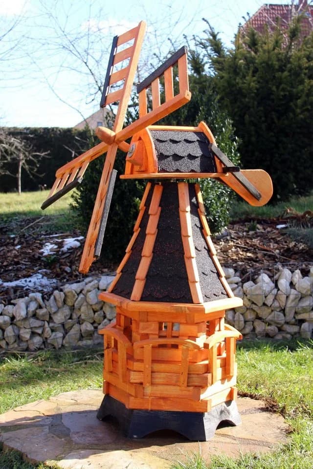 Holzdekoladen Deko-Windrad Gartenwindmühle Holz mit Solarlicht