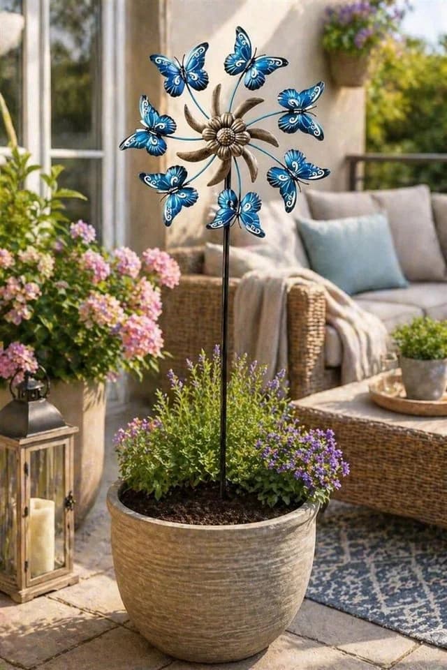 Geschenkestadl Deko-Windrad Gartenstecker Schmetterlinge blau Metall