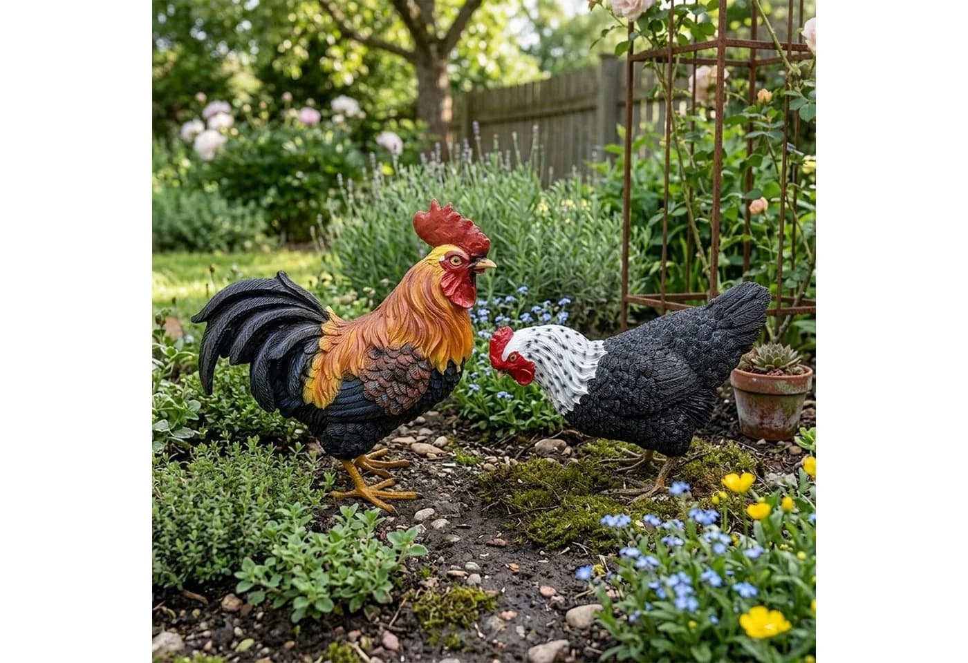 Fachhandel Plus Gartenfigur Hahn & Henne Bunt Polyresin