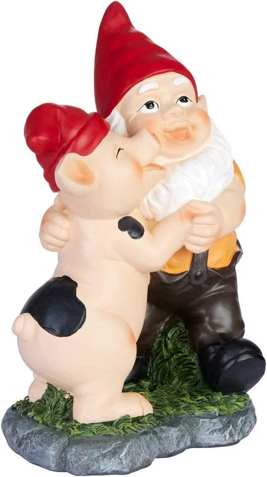 BRUBAKER Gartenzwerg Zwerg tanzt mit Ferkel - Gartenfigur mit Schwein Lustig - Dekoration
