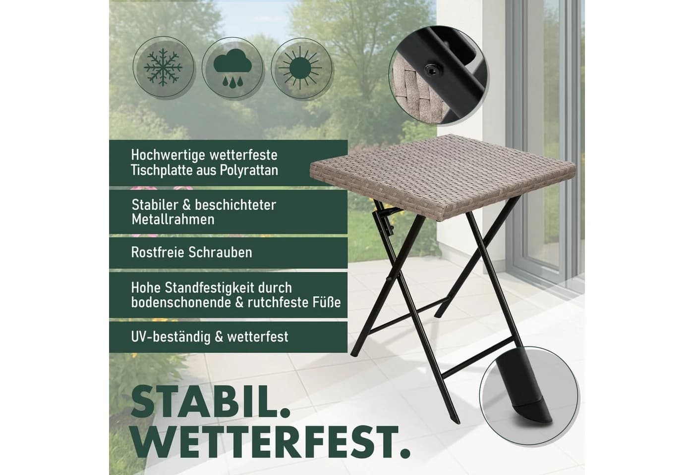 BRUBAKER Gartentisch Toskana Grau Braun Polyrattan Metall Klapptisch