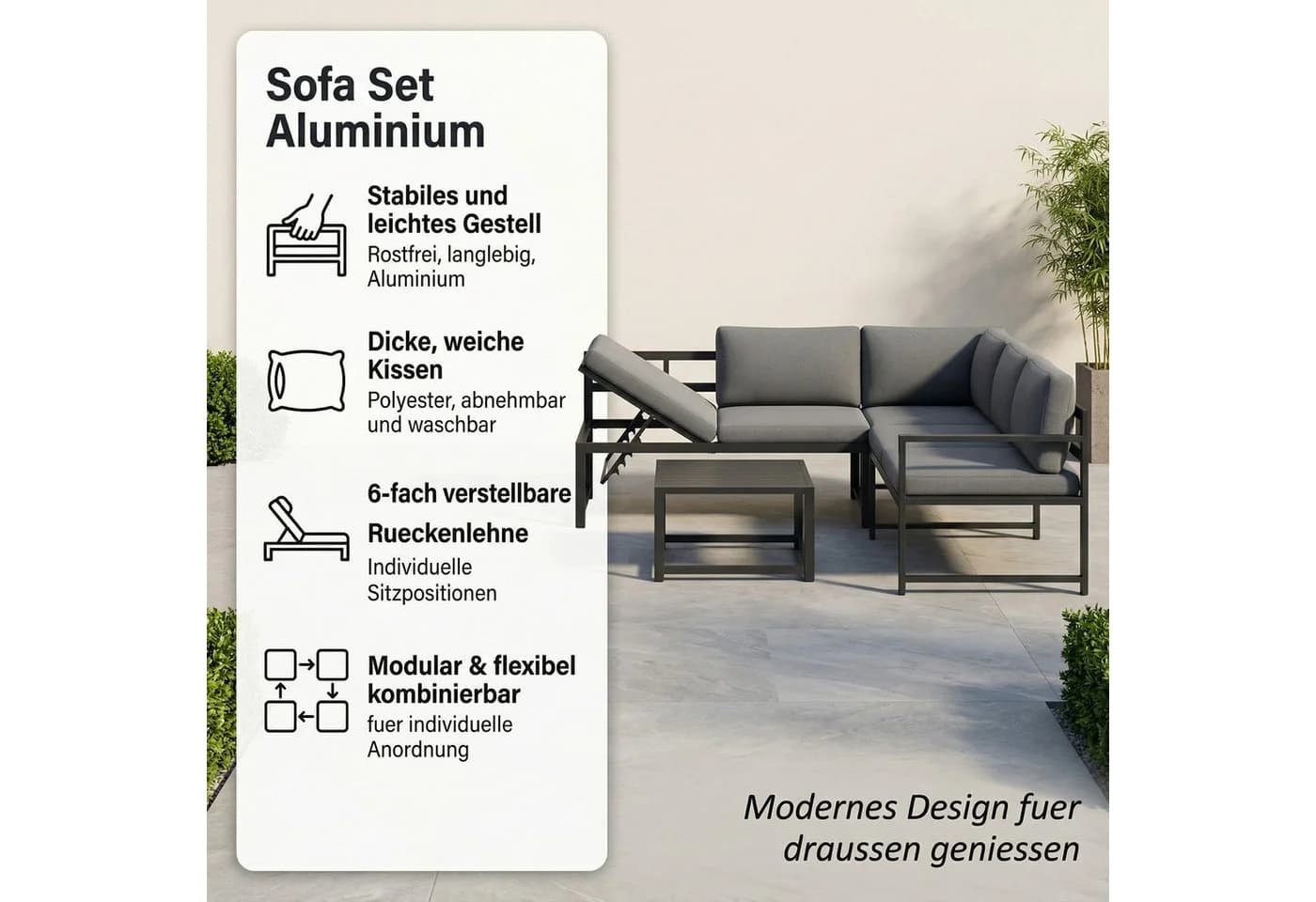 Mucola Gartenlounge-Set Ecksofa Aluminium Grau mit Liegefunktion