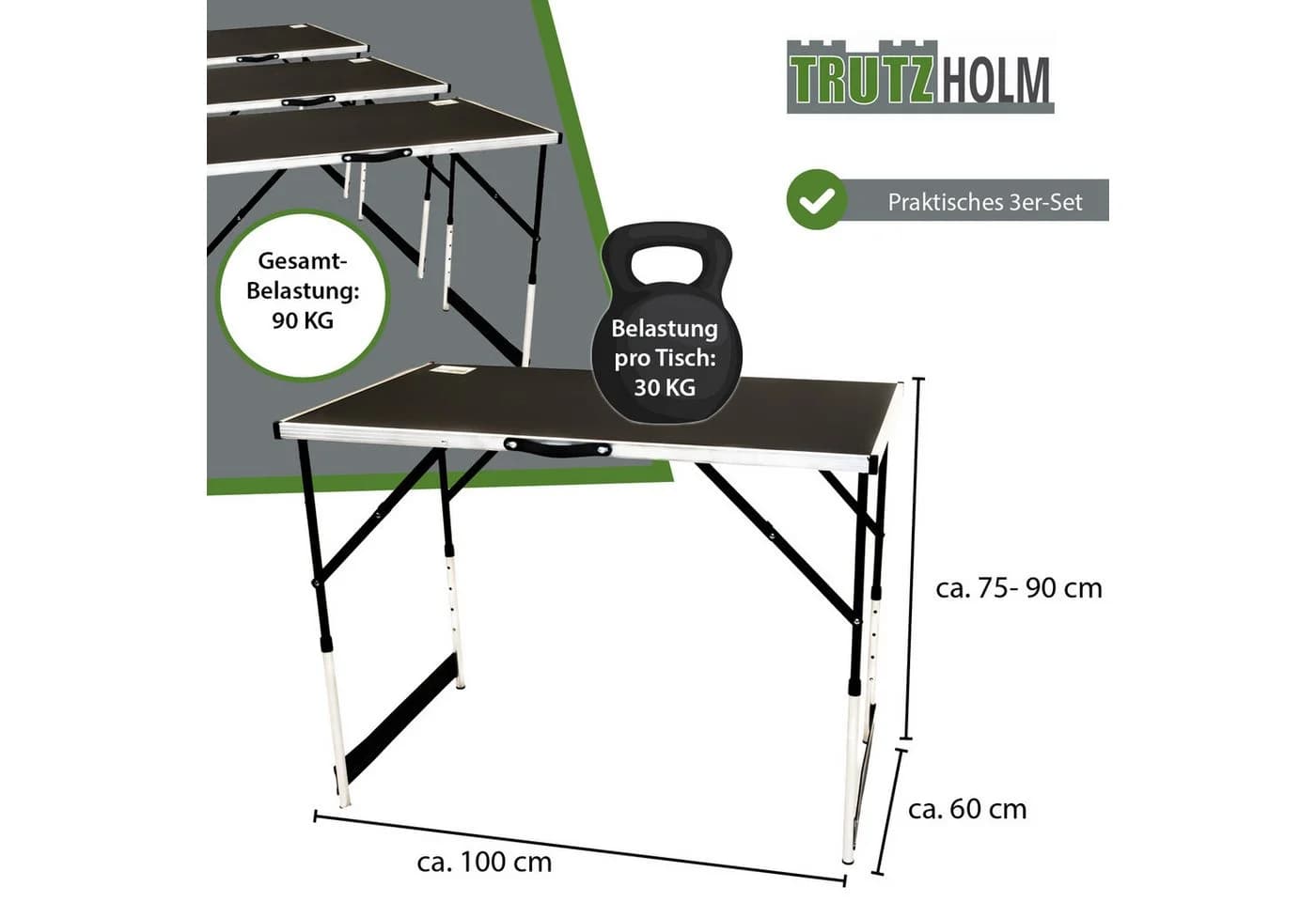 TRUTZHOLM Multifunktionstisch 3er Set höhenverstellbar & klappbar Schwarz/Silber