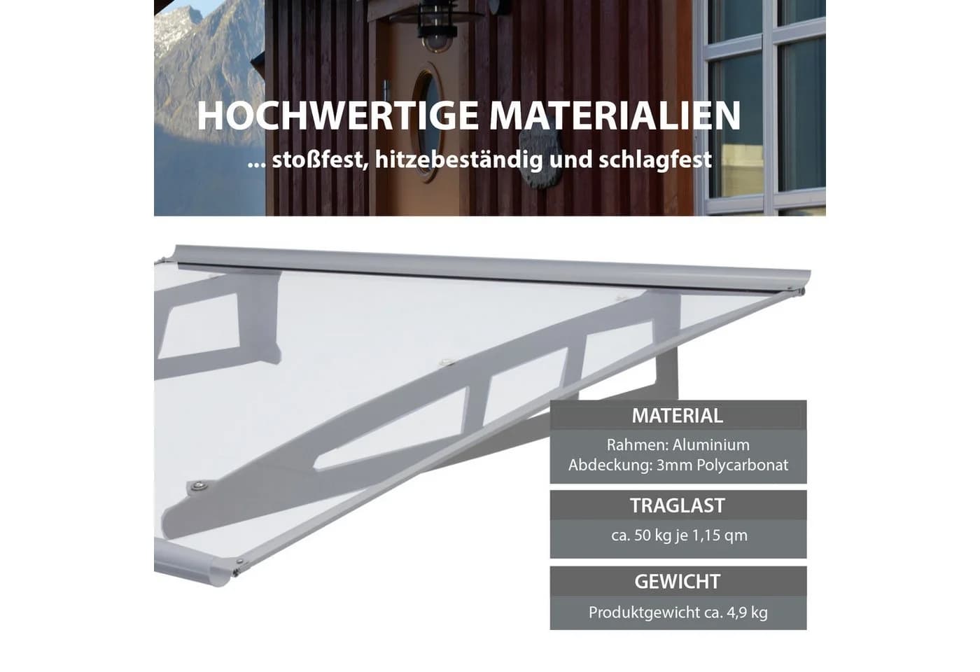 TRUTZHOLM Vordach Aluminium Grau Transparent 115x80 cm