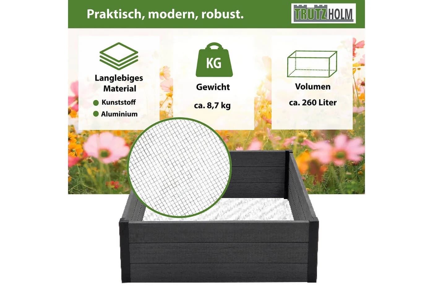 TRUTZHOLM Hochbeet Beeteinfassung Holzoptik mit Wühlmausgitter