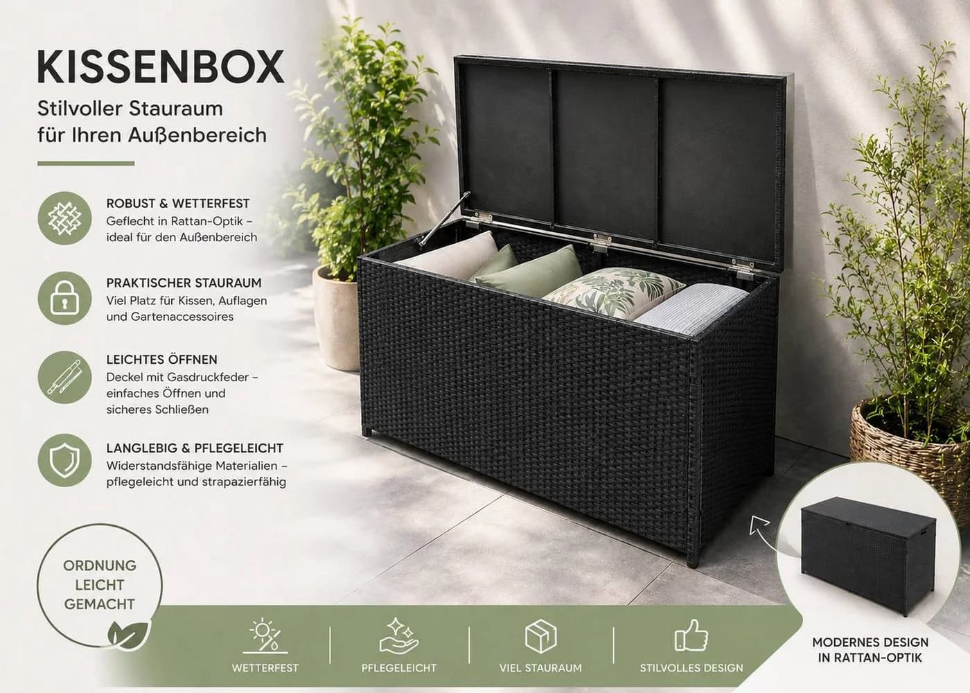 TEICO GROUP Kissenbox Polyrattan Schwarz 300L mit Gasdruckfeder