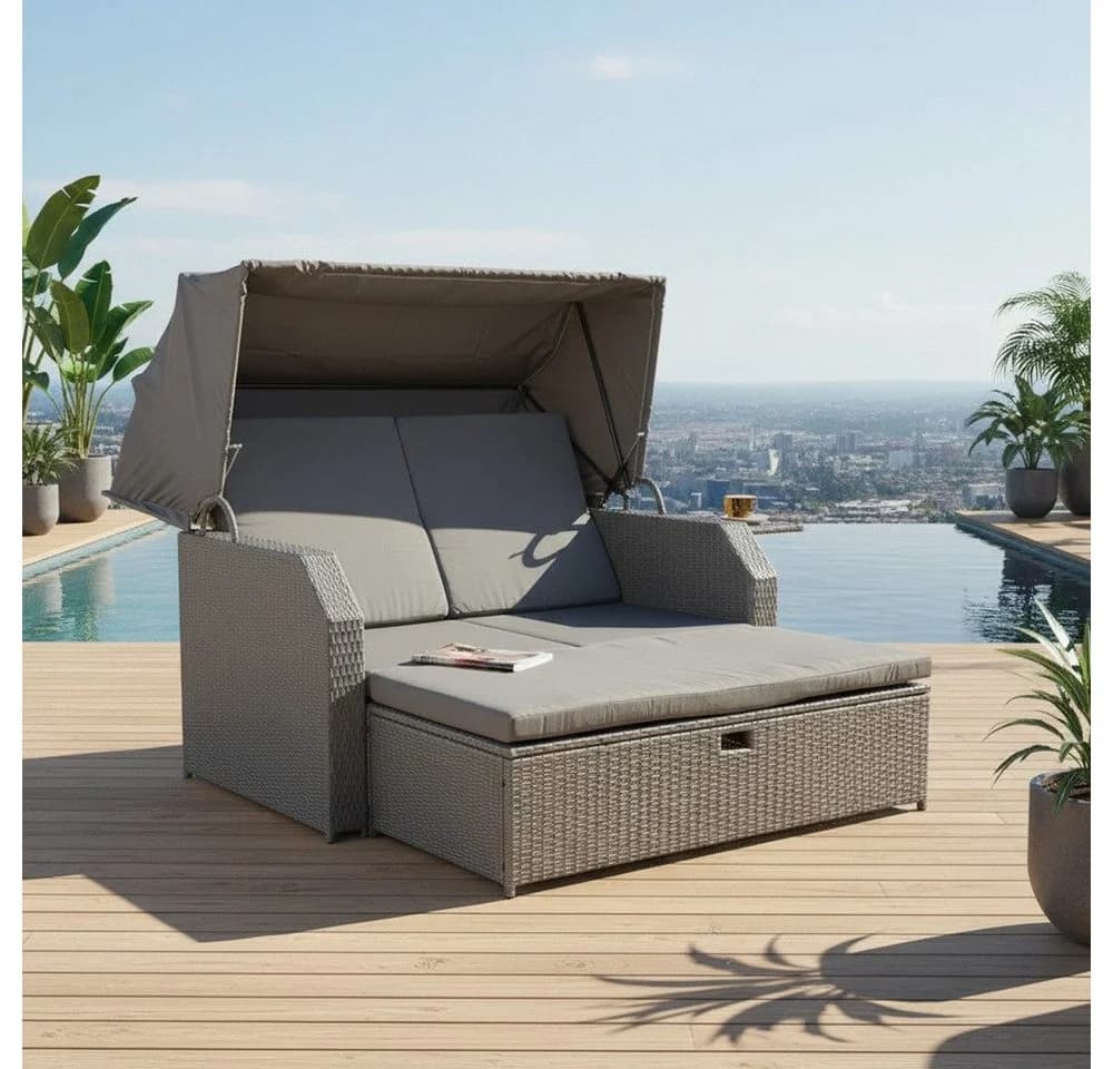 Melko Gartenliege Sonneninsel mit Dach Hocker Kissen Polyrattan Grau