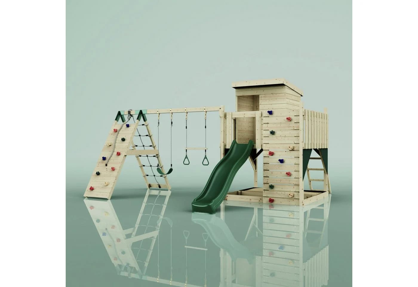 OutdoorToys Spielturm Frida Dunkelgrün mit Trapezstange, Rutsche & Kletterwand