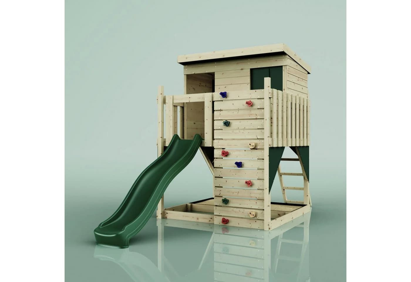 OutdoorToys Stelzenhaus Polarstern, aus Holz in Dunkelgrün mit Rutsche, Kletterwand