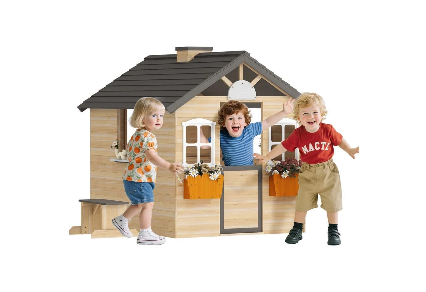 Outsunny Kinderspielhaus mit Sitzbank, Blumentöpfen und Spitzdach