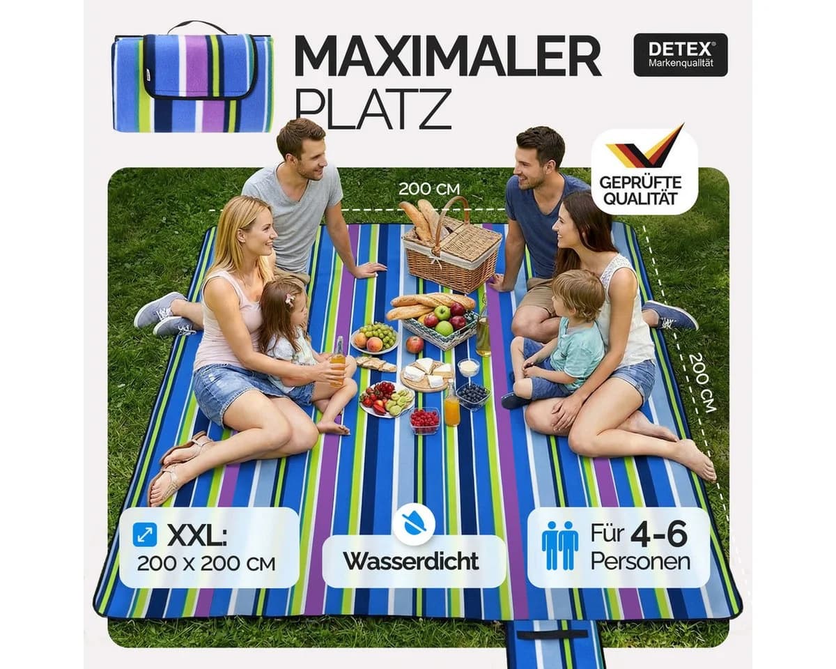 Detex Picknickdecke XXL 200x200 cm Wasserdicht Fleece Bunt