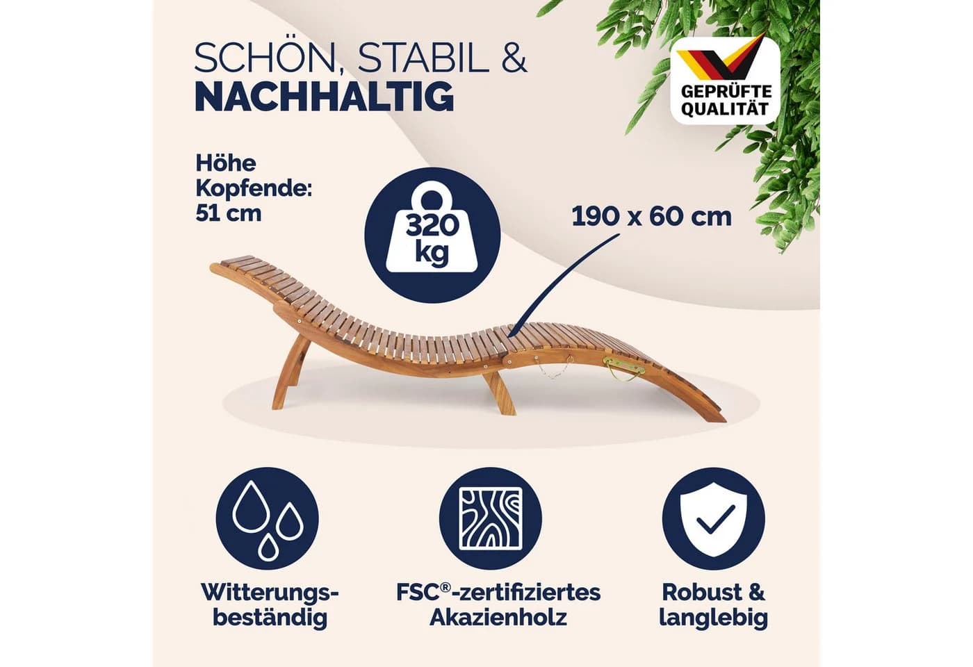 Casaria Gartenliege Braun Holz Gartenliege FSC®-zertifiziert 320kg Belastbar Garten Akazie