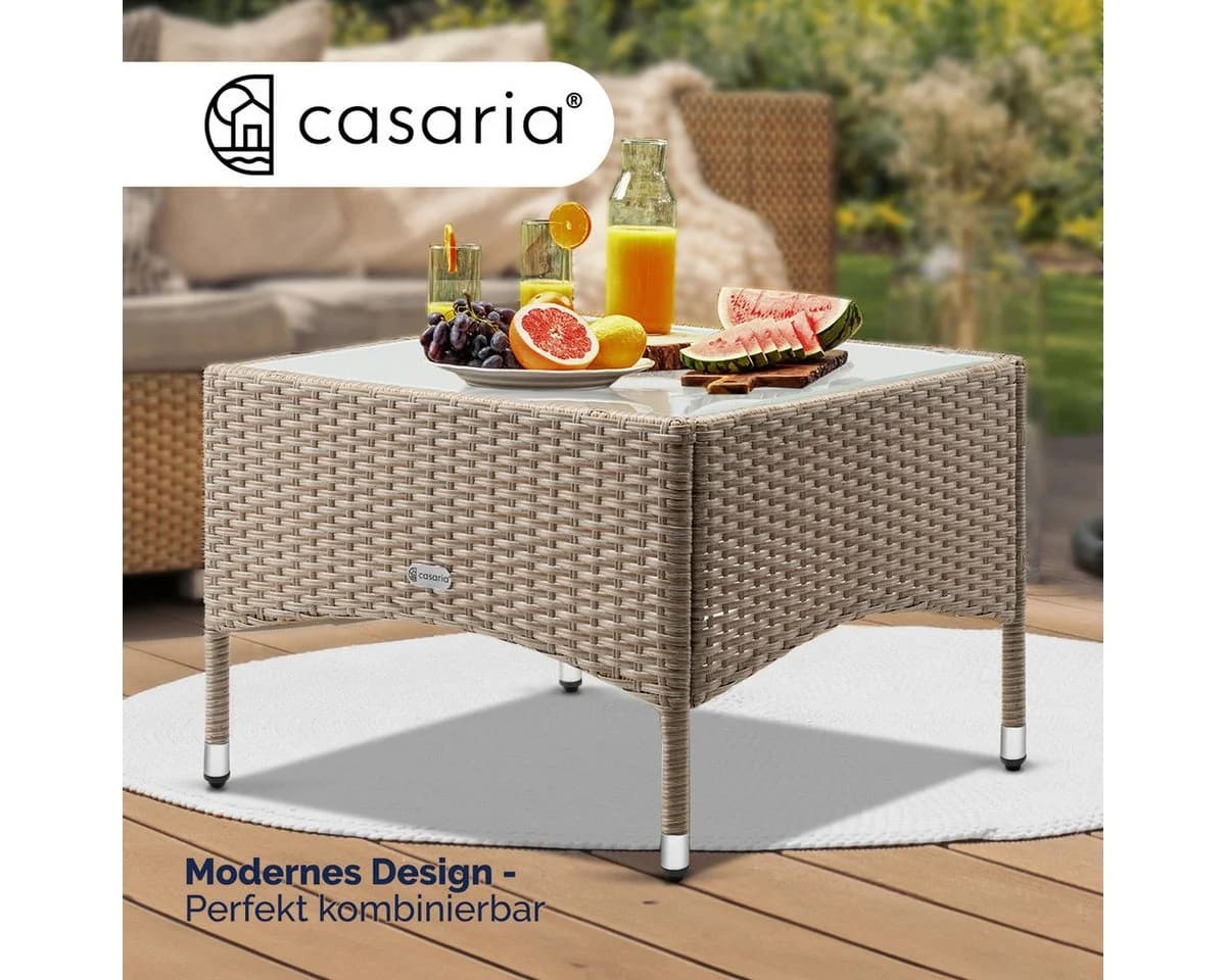 Casaria Beistelltisch Polyrattan Höhenverstellbar Glasplatte