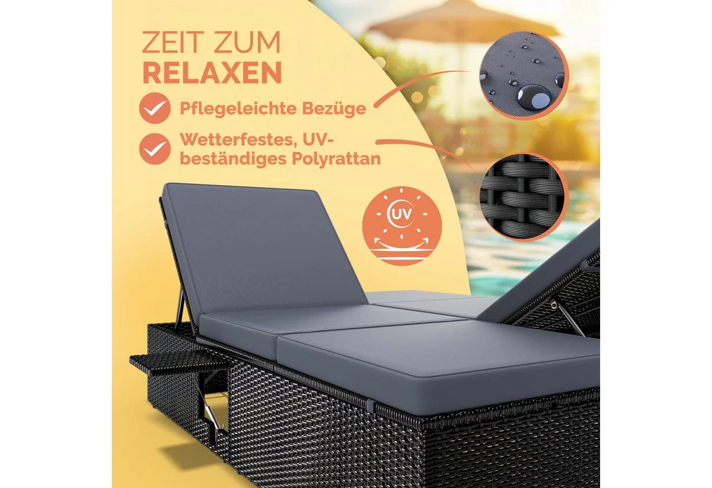 Casaria Gartenliege Doppelliege 7-fach Verstellbar Schwarz/Grau