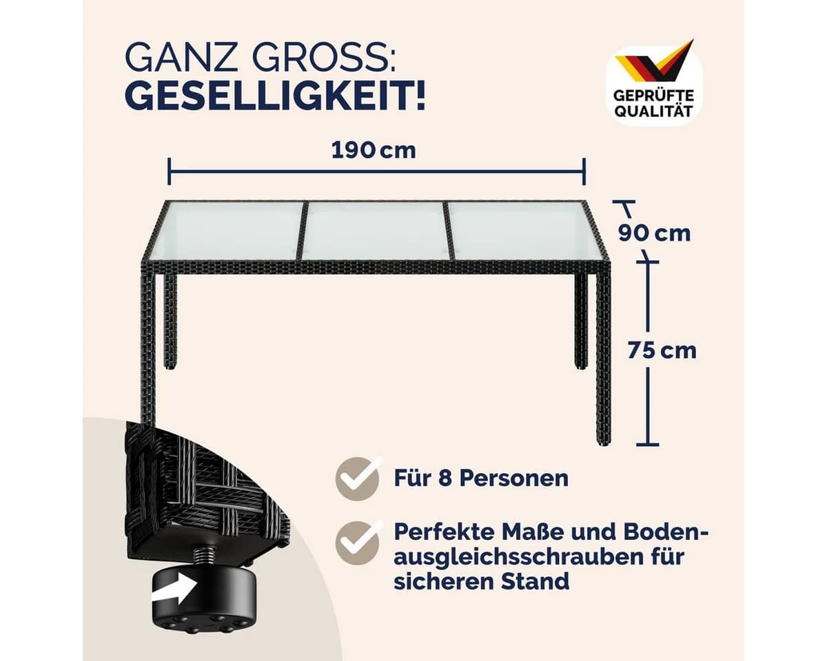 Casaria Gartentisch Schwarz Polyrattan Sicherheitsglas
