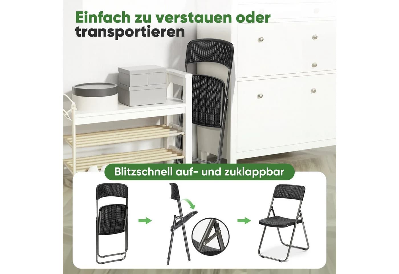 Sekey Klappstuhl Gartenstuhl Polyrattan Campingstuhl Wasserdicht Schwarz