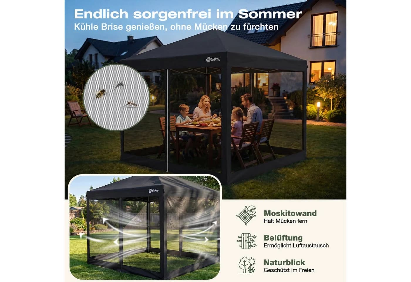 Sekey Faltpavillon 3x3m Schwarz mit Moskitonetz