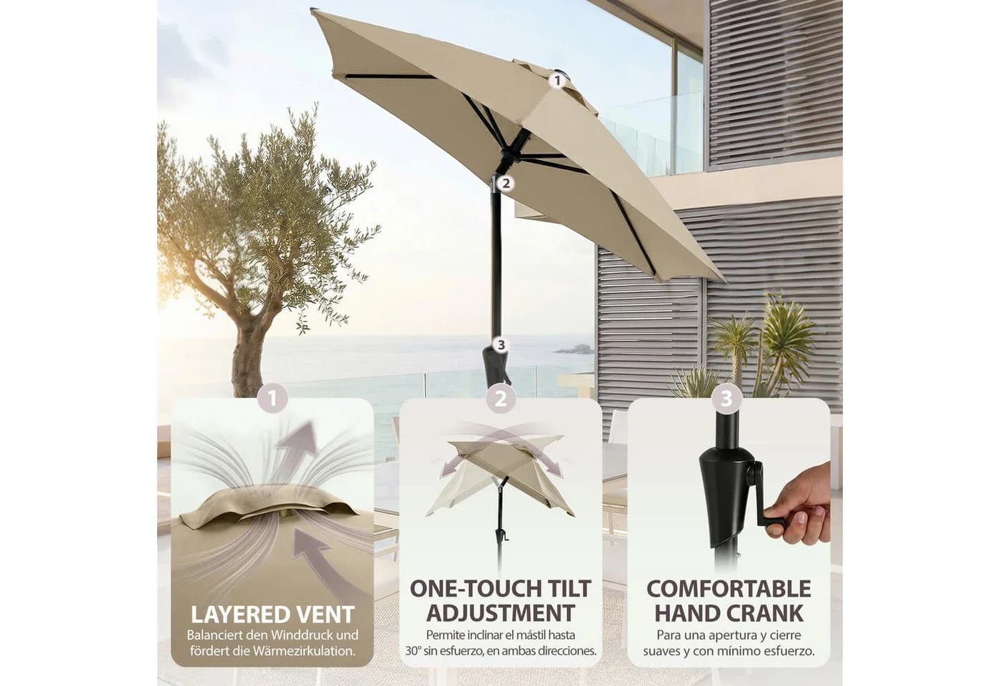 Sekey Sonnenschirm Rechteckig mit Kurbel und UV-Schutz 50+ Taupe