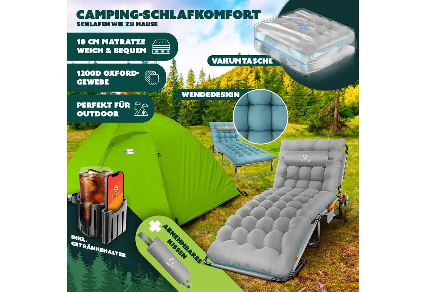 KESSER Campingliege Klappbar Grau/Blau mit Kissen