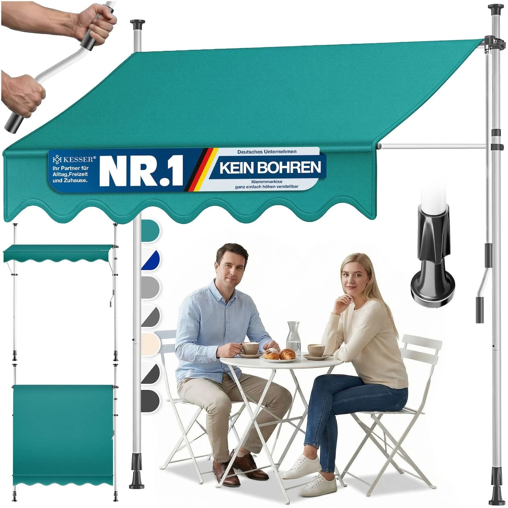 KESSER Klemmmarkise mit Handkurbel UV-beständig wasserabweisend