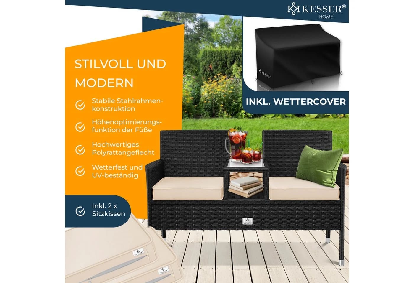 KESSER Gartenbank 2-Sitzer mit Tisch Polyrattan Beige/Schwarz