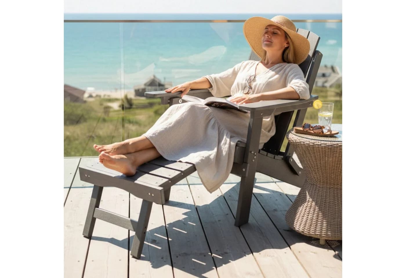 osoltus Canadian Deckchair Adirondack Stuhl mit Fußhocker HDPE Grau