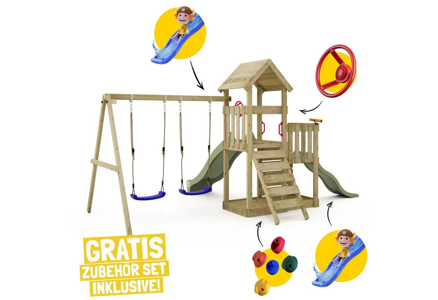 Wickey Klettergerüst SkyFlyer Spielturm mit 2 Podesten, 2 Rutschen & Doppelschaukel