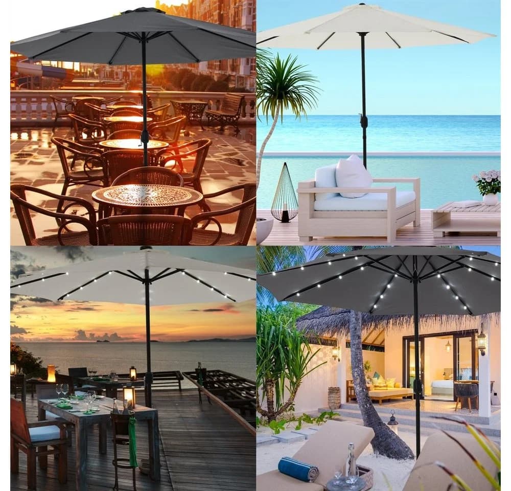 Feel2Home Sonnenschirm Ø3m mit LED-Beleuchtung und Solarmodul Beige