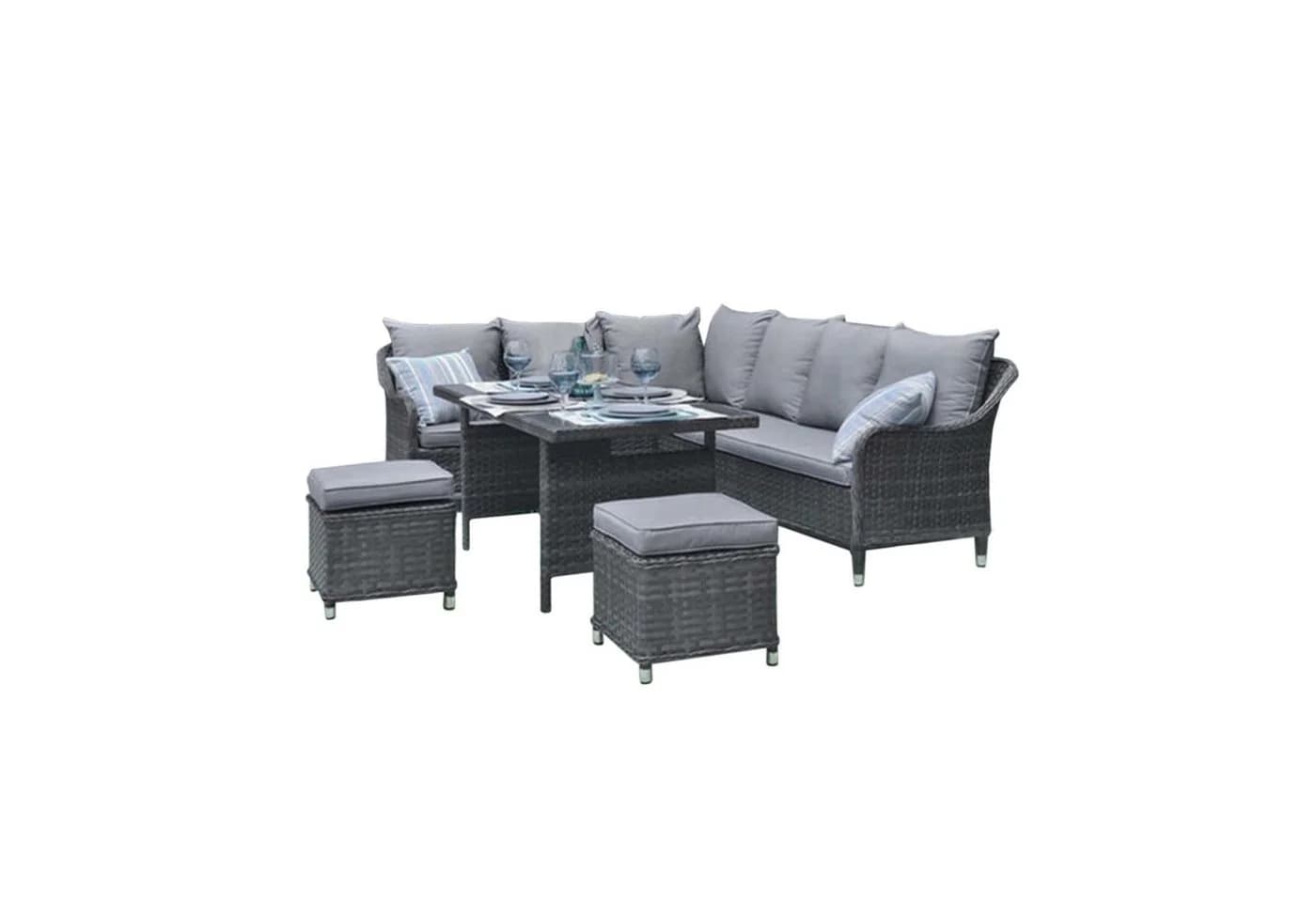 HTI-Living Garten-Essgruppe 5-tlg. Ecksofa mit Tisch und Hocker grau-blau
