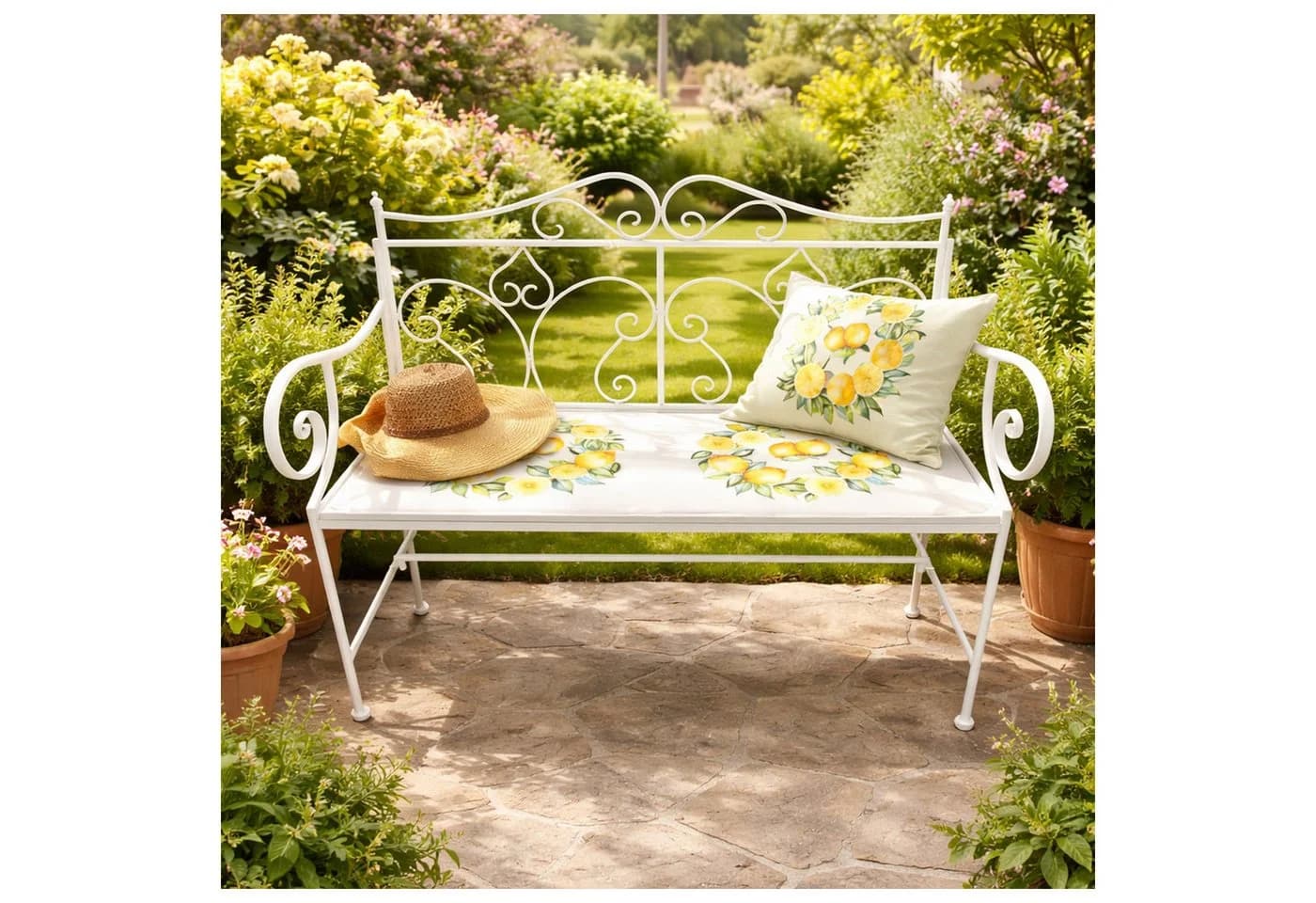 HTI-Living Gartenbank Menton Weiß mit Zitronenmotiv