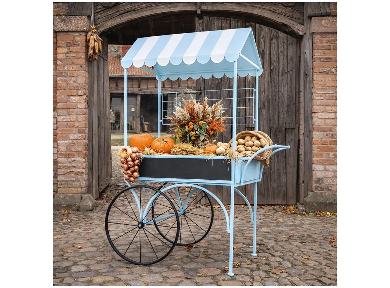 HTI-Living Blumenwagen Vintage Metall Blau mit Markisendach