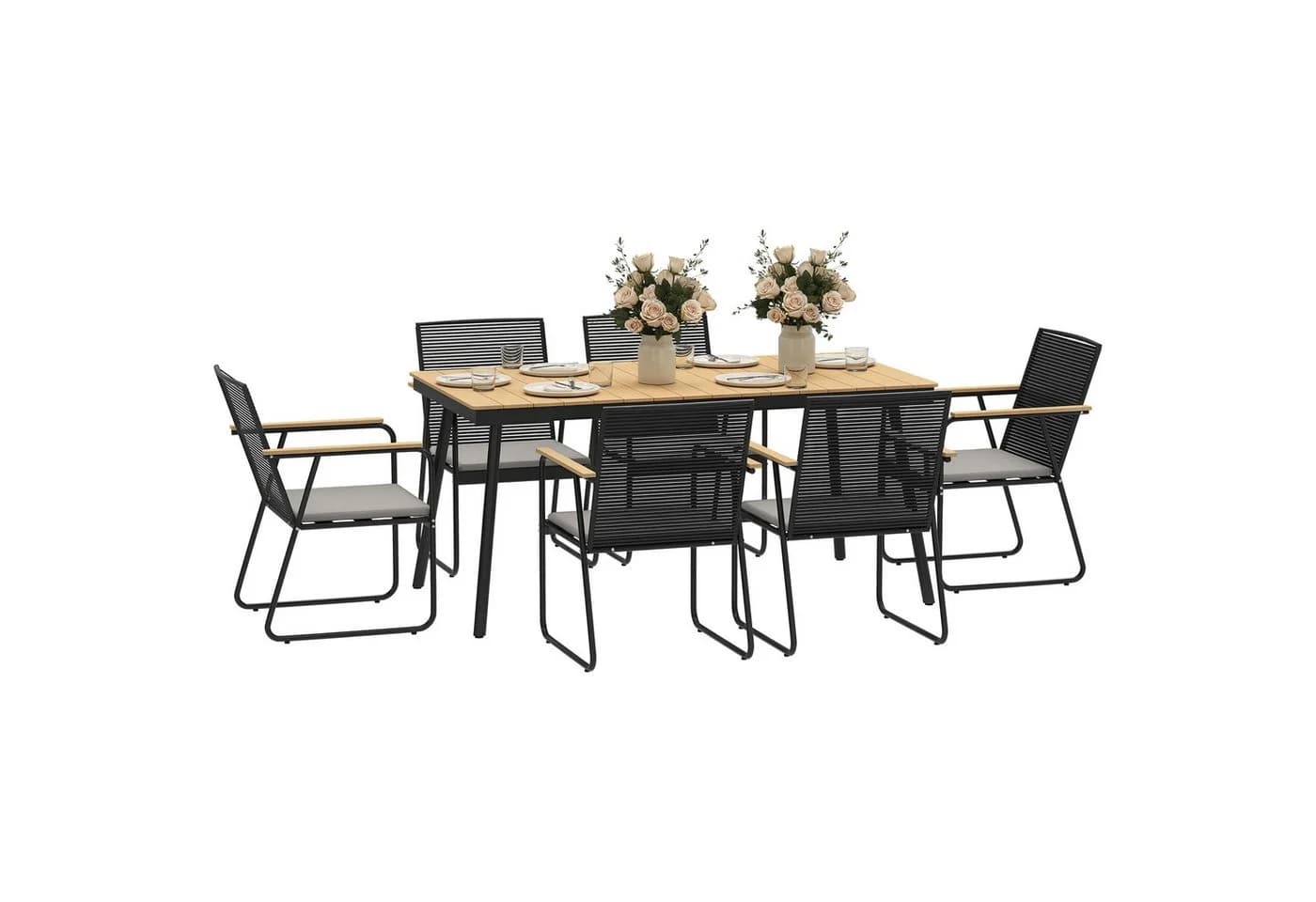 Outsunny Garten-Essgruppe 7-tlg. Naturholz/Schwarz mit Tisch und 6 Stühlen