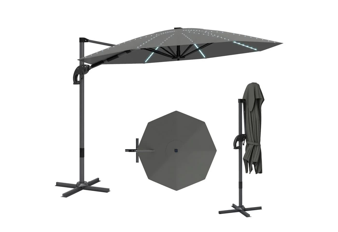 Outsunny Sonnenschirm mit Solar LED, Kurbel, Ständer, UV50+, 360° drehbar, 300x300 cm, Alu Ampelschirm, höhenverstellbar Marktschirm, Sonnenschutz für Garten, Balkon, Dunkelgrau