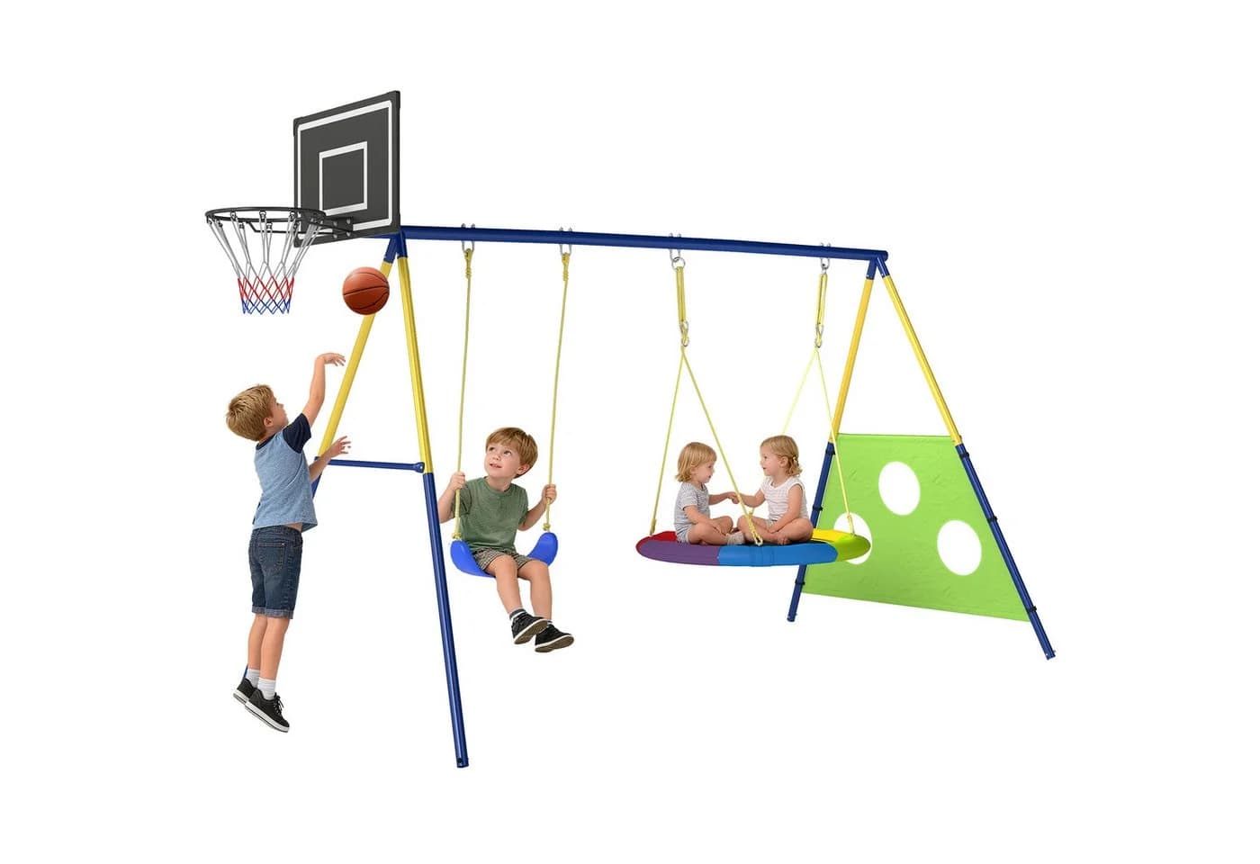 AIYAPLAY Schaukelgestell 4-in-1 Nestschaukel Basketball Fußballtor