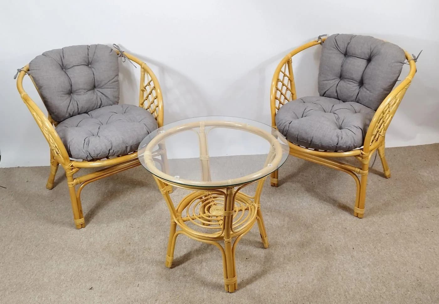 Rattani Rattangarnitur Bahama Set 2 Sessel Tisch Glasplatte Honig Grau