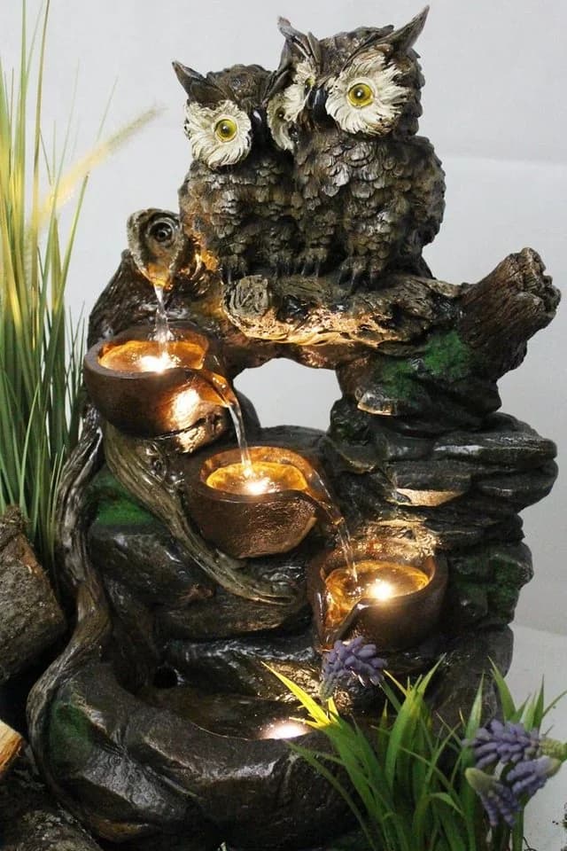 Arnusa Gartenbrunnen Eule mit LED Beleuchtung Polyresin