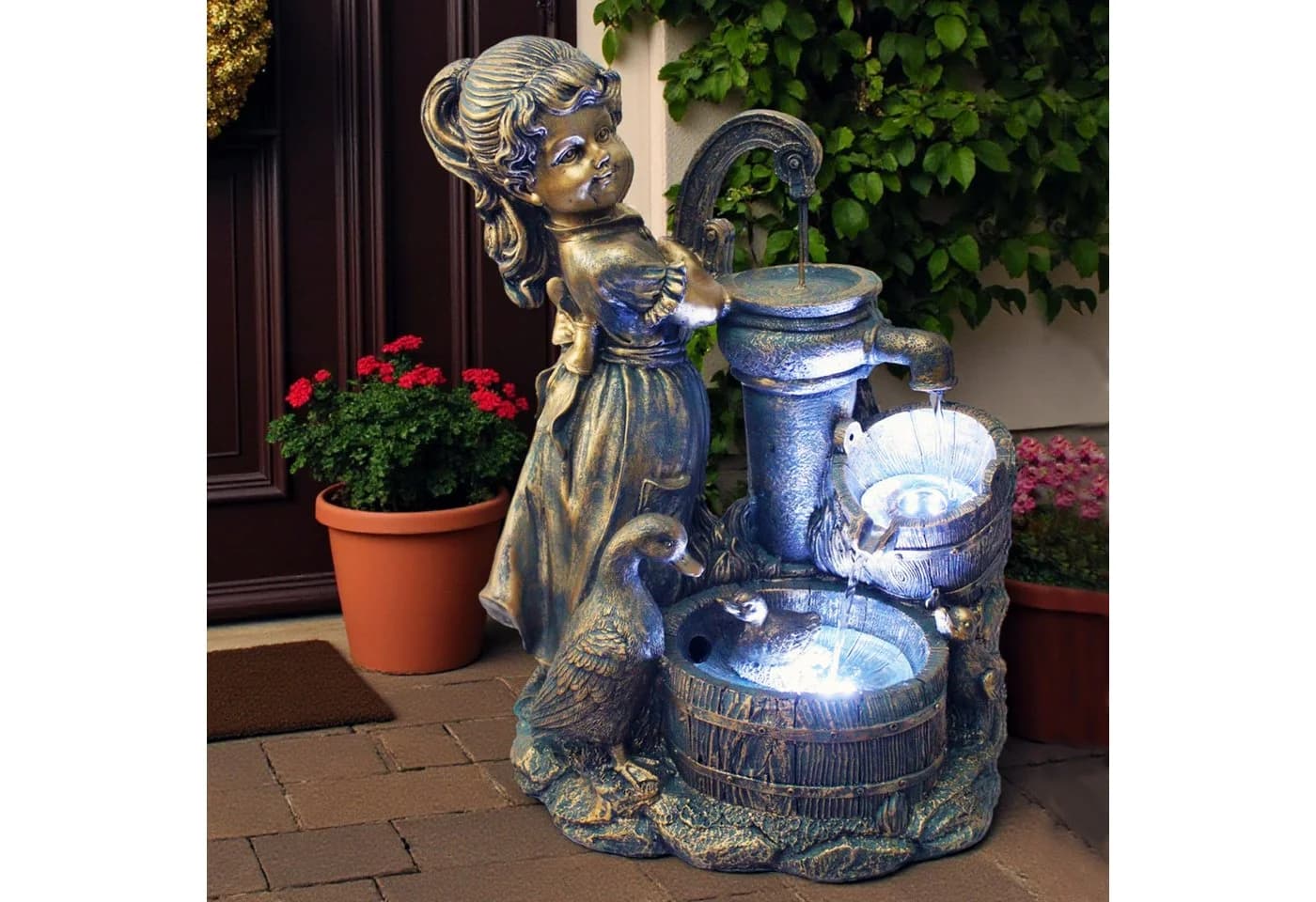 Arnusa Gartenbrunnen Heidi mit Gänse BK855 Bronze-Optik LED