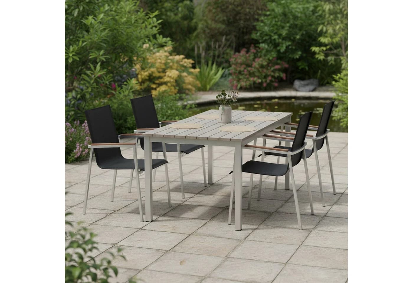 Zelsius Gartenstuhl 6er-Set Edelstahl mit Teakholz-Armlehne