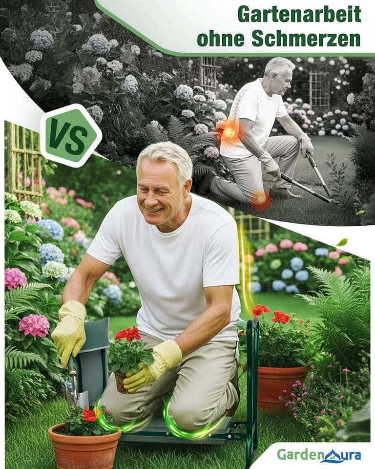 GardenAura Kniebank für Gartenarbeit klappbar mit Werkzeugtasche