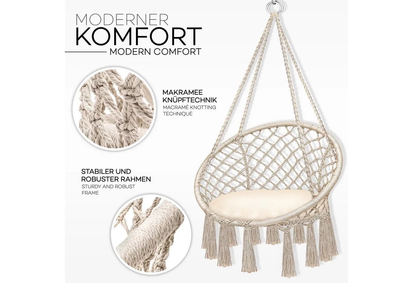 tillvex Hängesessel Beige mit Kissen Indoor Outdoor