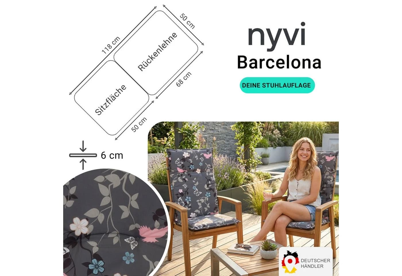 NYVI Barcelona Hochlehnerauflage 4er Set Vintage Flower UV-fest
