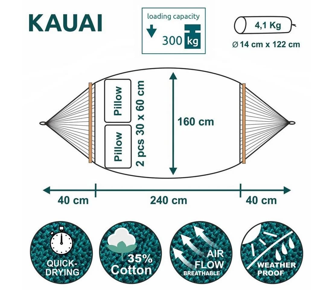 yourGEAR Stabhängematte Kauai Smaragd Duo mit Kissen 300kg