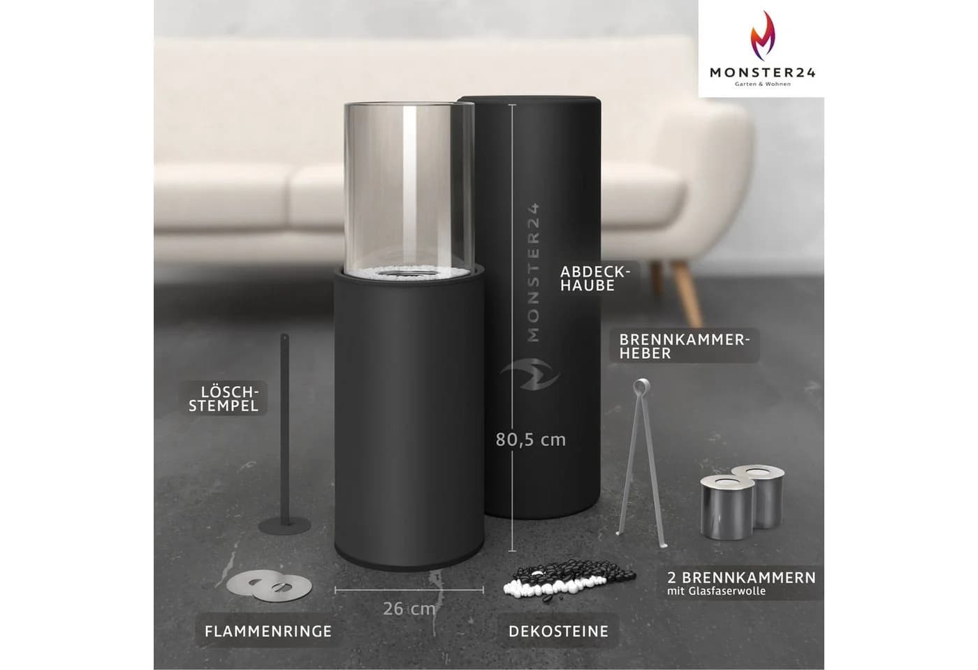Monster24 Bio-Ethanol Standkamin Schwarz Anthrazit Indoor Outdoor