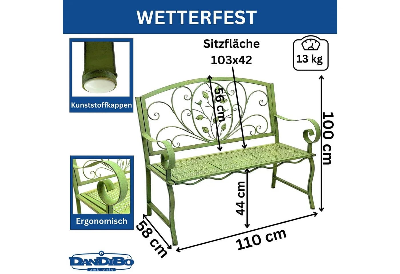 DanDiBo Gartenbank Wetterfest 2 Sitzer Metall Grün Antik Parkbank